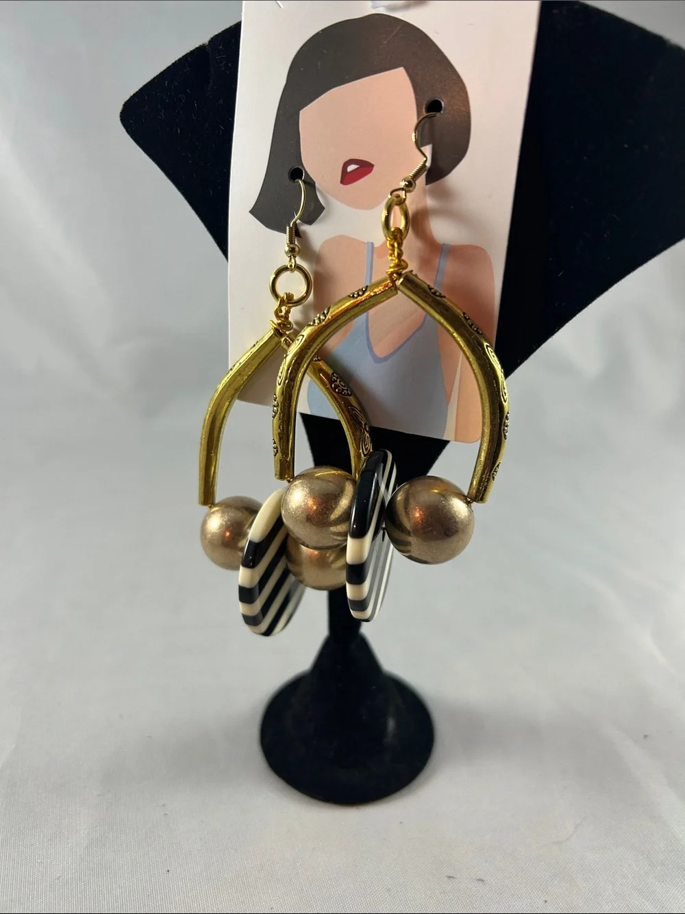 Gold Hoop Dangle Earrings with Black and White Striped Discs